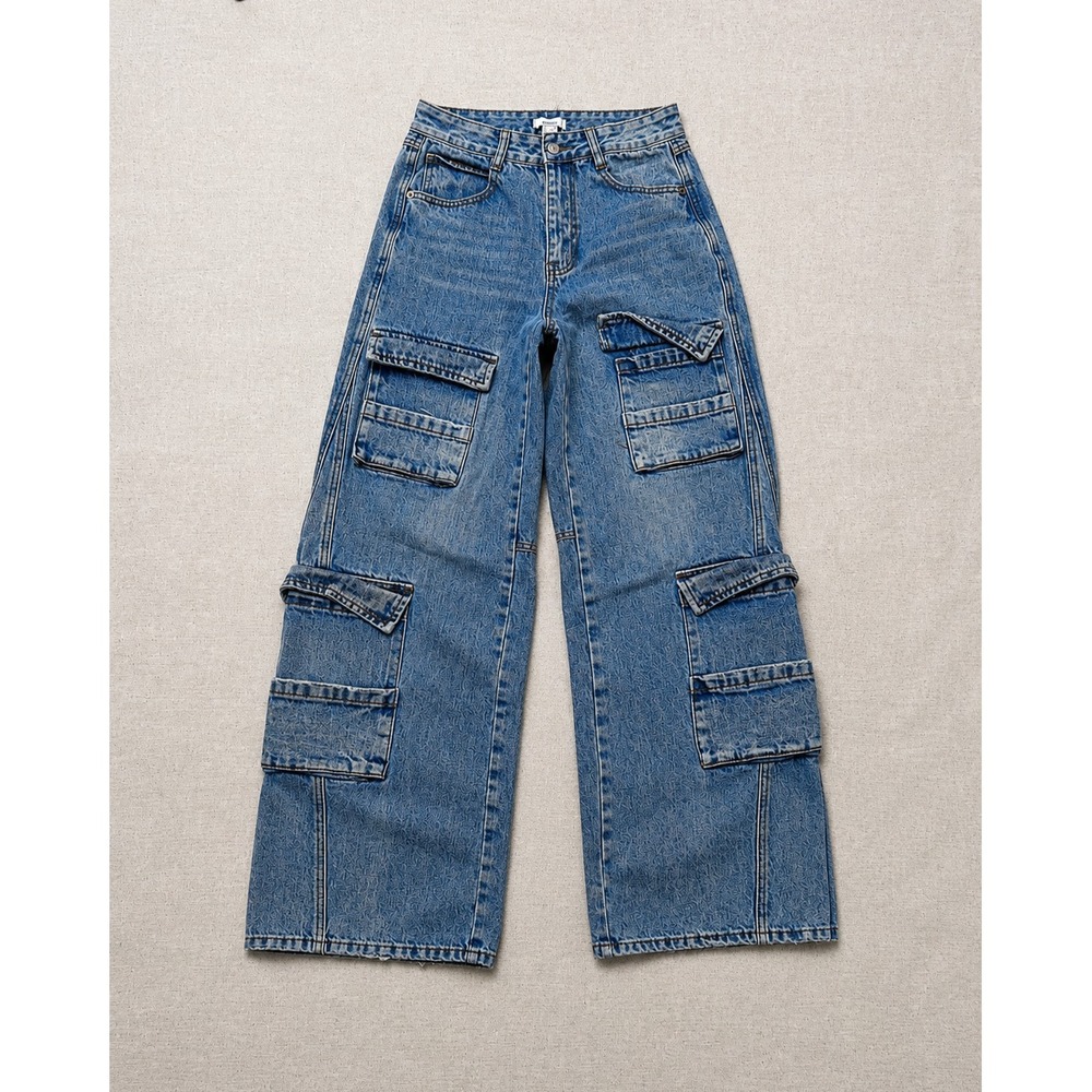 Forever 21 Premium Cargo Jeans Women's 26 Wide Leg Blue Denim Y2K Pockets